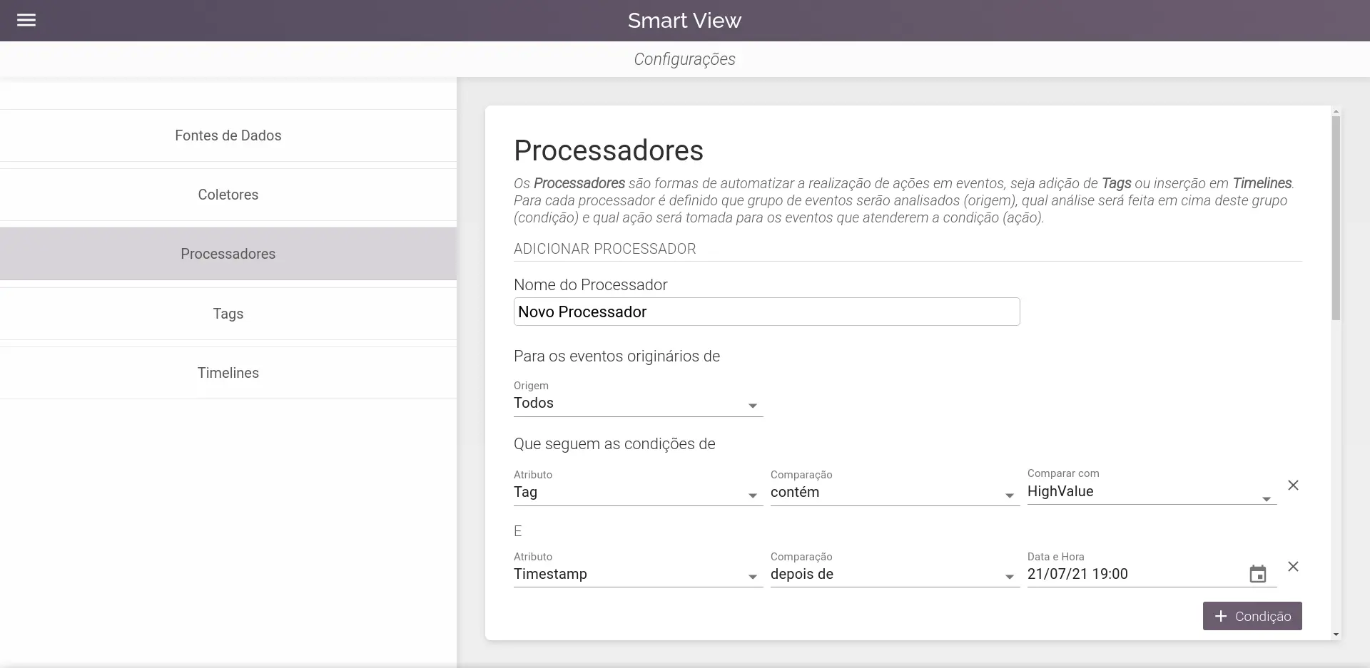 Página de configuração de processadores